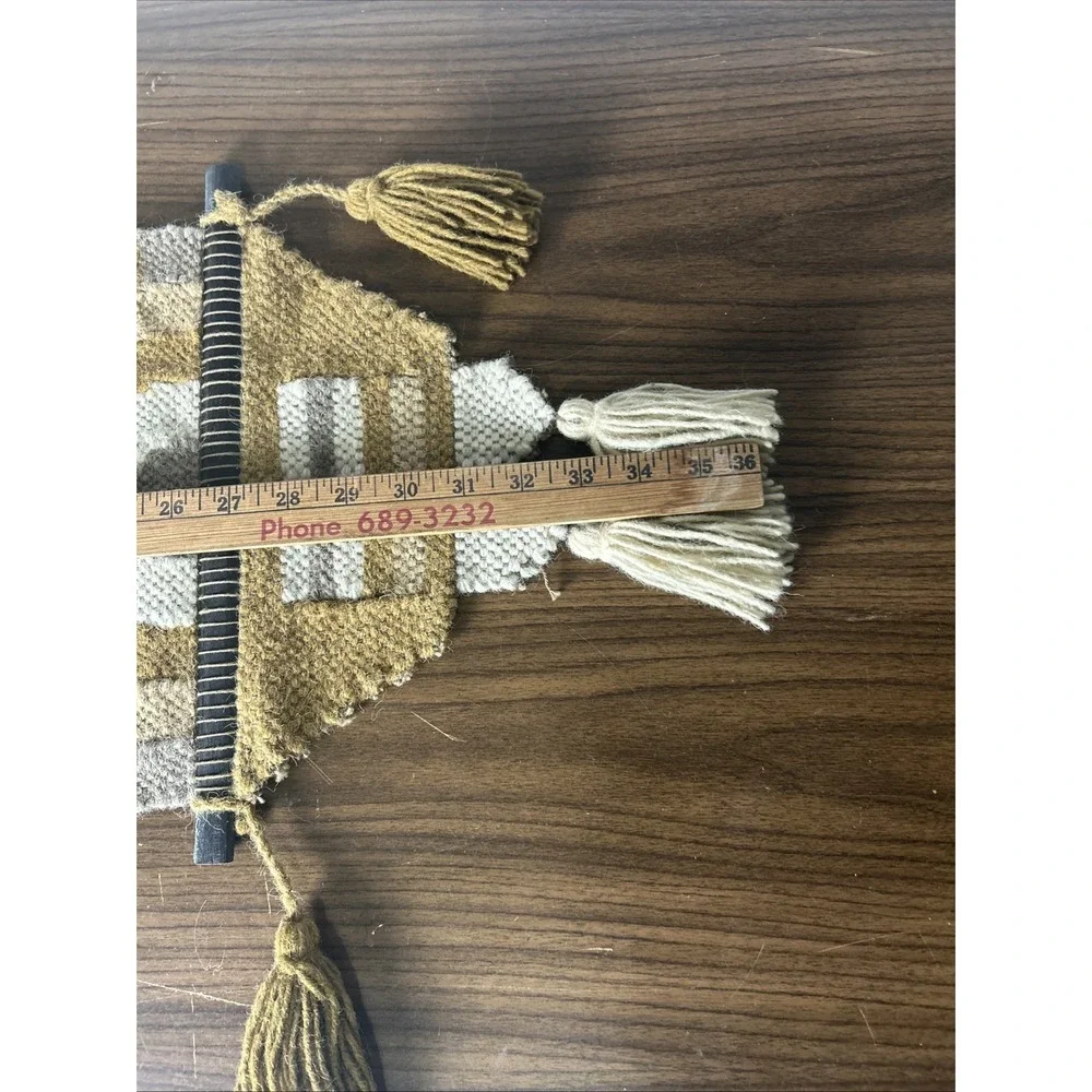 Vintage 70s Handwoven Fiber Art Tapestry Geometric Boho Tassel Wall Hanging 36”
